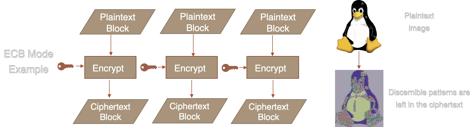 ECB mode: each block encrypted independently, patterns visible in ciphertext (penguin example)
